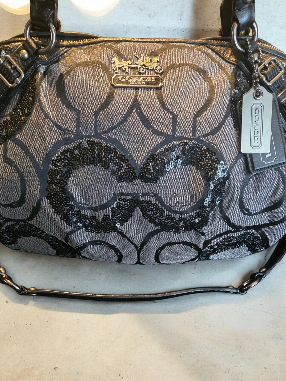 Coach Madison Signature Op Art Sophia Sequin Metallic Satchel Shoulder Bag 15940